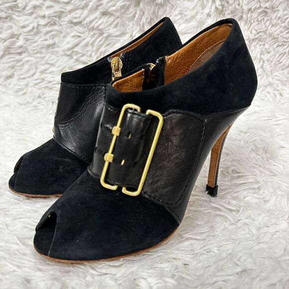 L.A.M.B. Black Peep Toe Leather & Suede Chunky Buckle Ultra High Heel sz 7 M - Picture 5 of 10